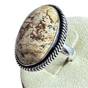 Hand Crafted Artisan Silver Picture Jasper Ring in Beige and Brown Oval